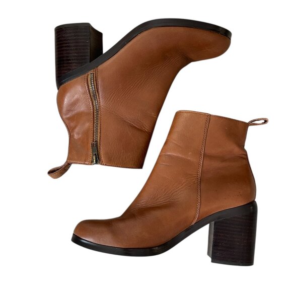 The Gap Brown Leather Heeled Booties Gold Zip 3.5” Block Heel Camel Fall 2014 - Picture 1 of 6